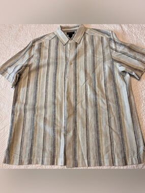 AXcess men’s short sleeve striped linens blend button down casual shirt sz Large